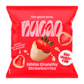 Red package of nucao white crunchy strawberries on a white background
