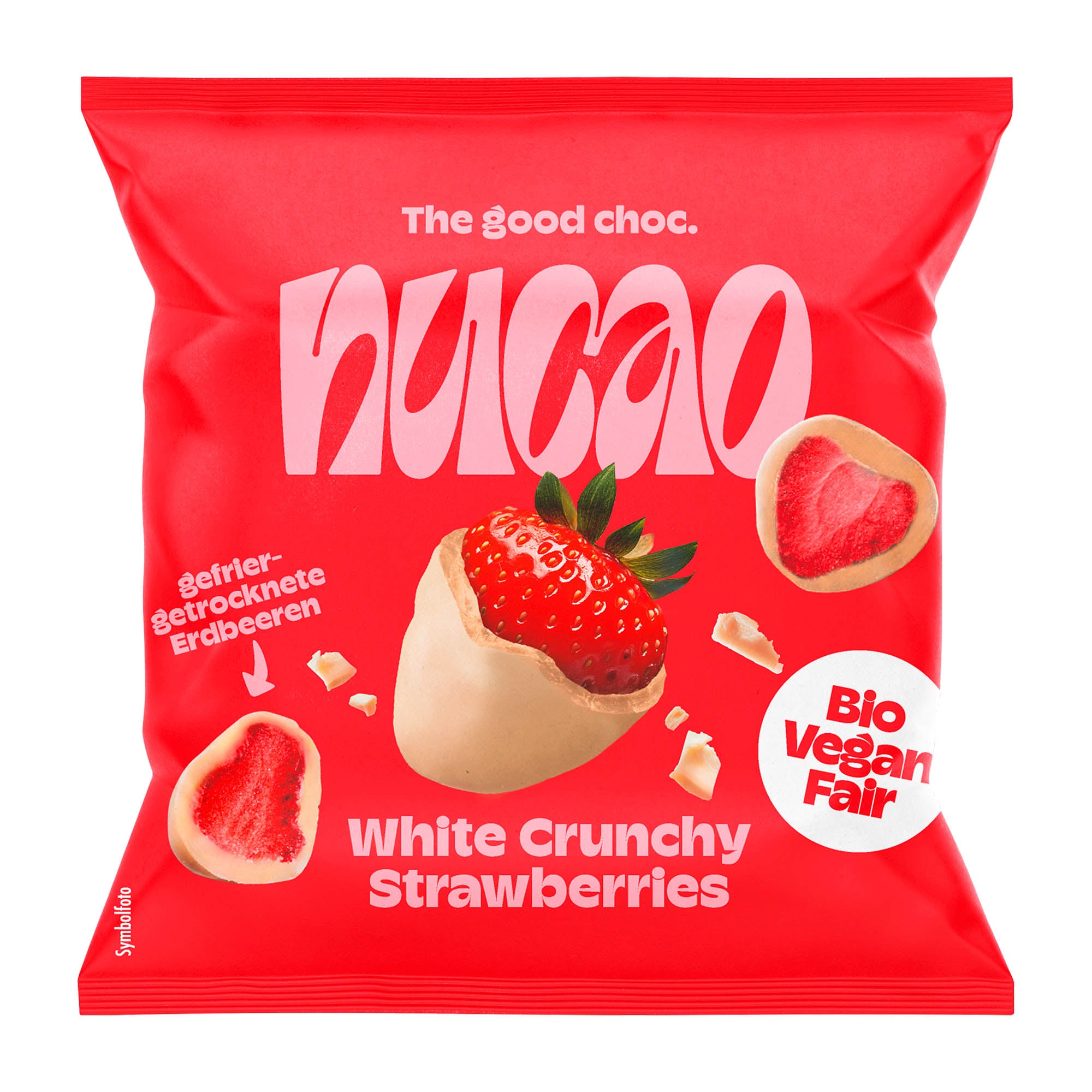 Red package of nucao white crunchy strawberries on a white background