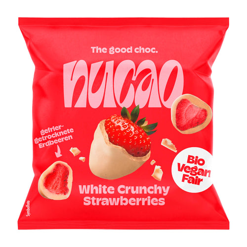 Red package of nucao white crunchy strawberries on a white background