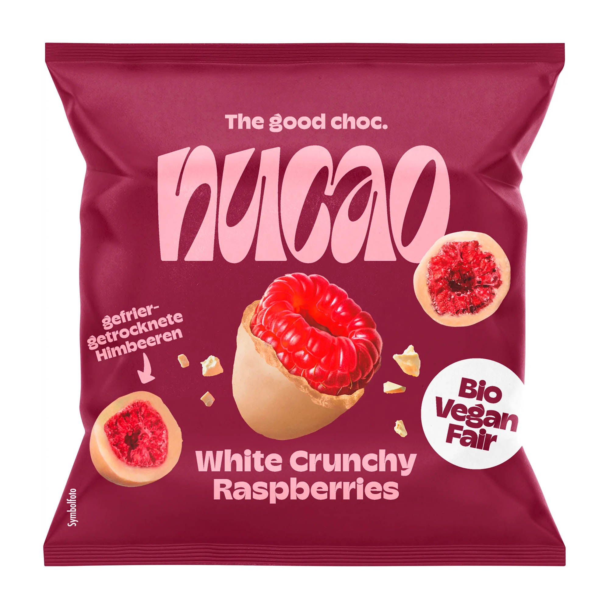 Nucao white crunchy raspberries packaging with red and pink design