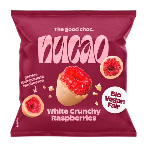 Nucao white crunchy raspberries packaging with red and pink design