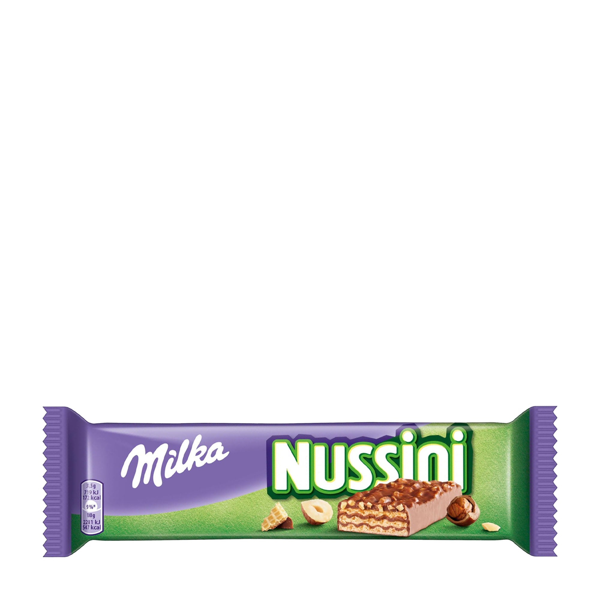 Milka Nussini milk chocolate covered wafer bar packaging on a white background