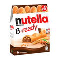 Packaging of nutella B-ready wafers showing a box with six individually wrapped wafers, with an image of the wafer showing the hazelnut spread filling and wheat crisps.