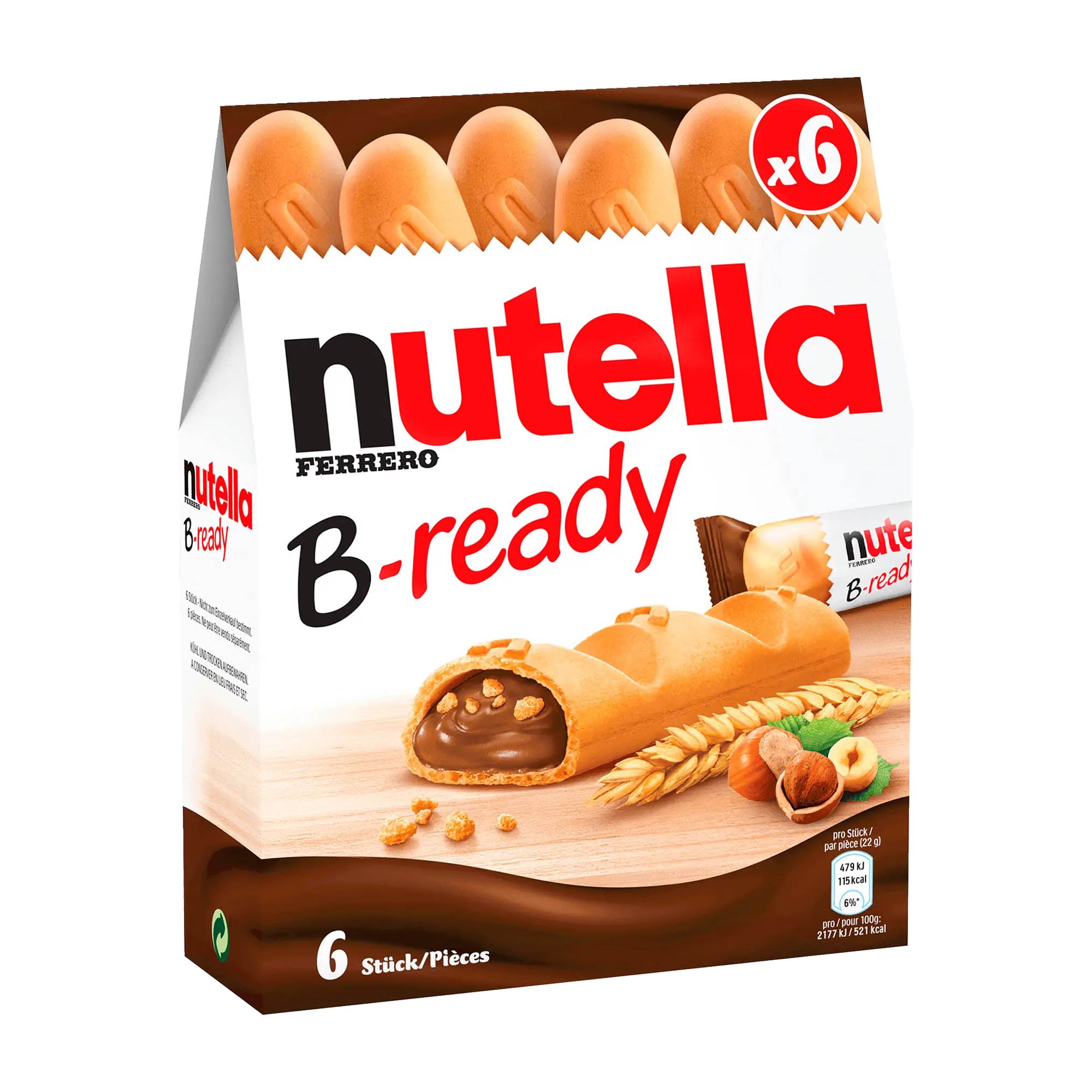 Packaging of nutella B-ready wafers showing a box with six individually wrapped wafers, with an image of the wafer showing the hazelnut spread filling and wheat crisps.