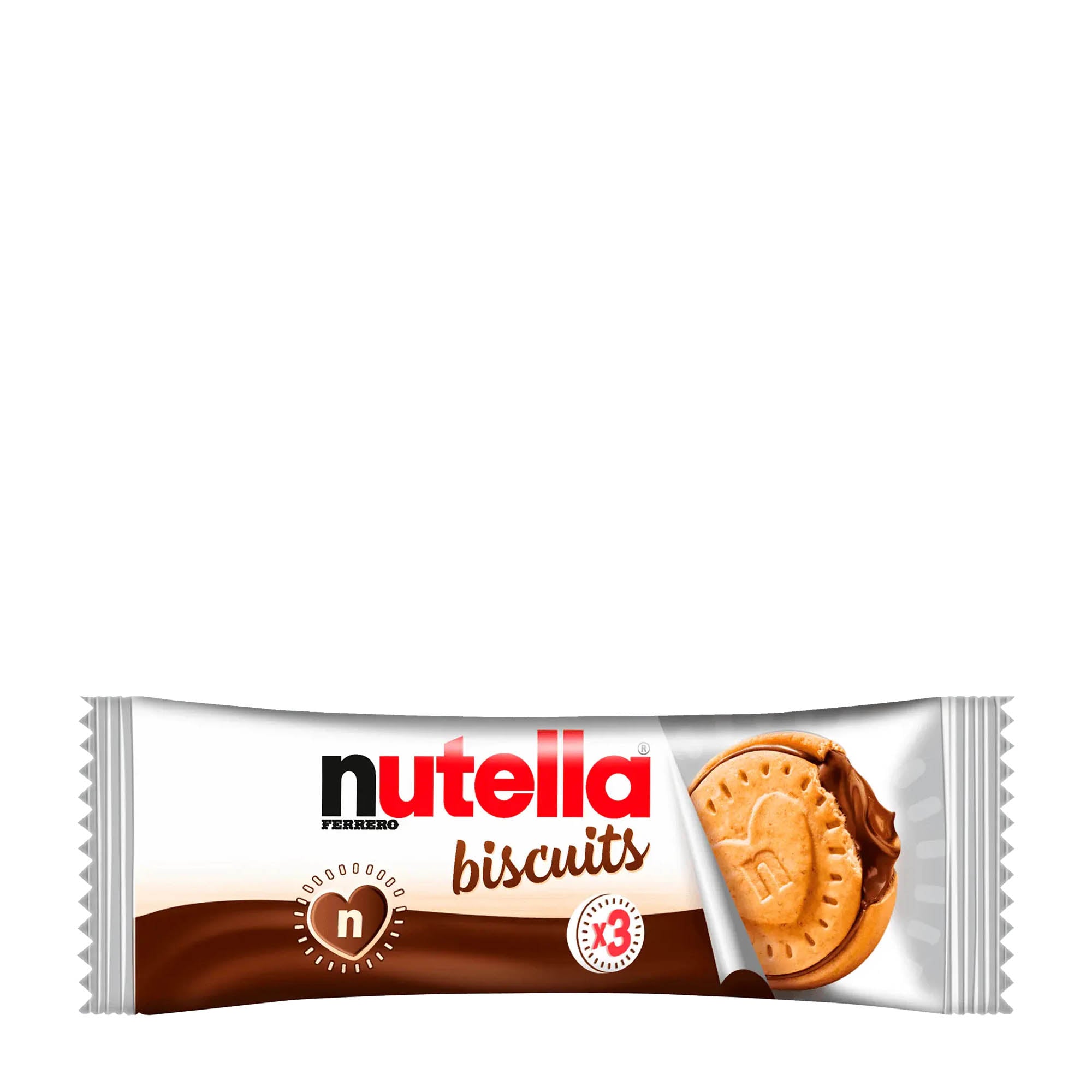 Packaging of Nutella Biscuits showing the product name and a picture of a Nutella biscuit with a hazelnut spread cream filling.