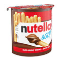 A package of Nutella & GO! breadsticks, with the product visible in a cup-shaped container, predominantly red and white with images of breadsticks and a hazelnut spread cream.