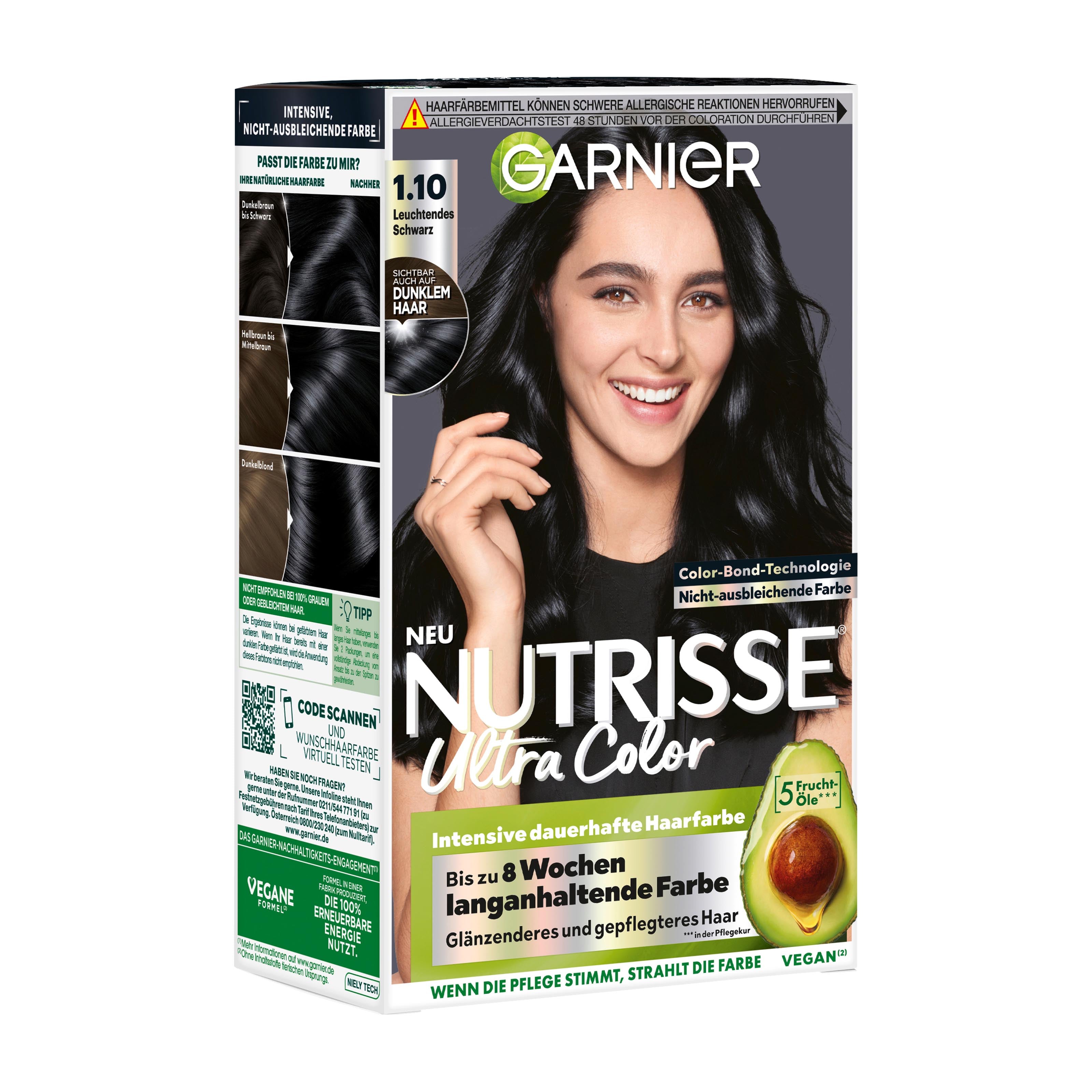 Garnier Nutrisse Ultra Color 1.10 Luminous Black hair dye box with a woman and avocado on a white background