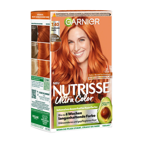 Garnier Nutrisse Ultra Color 7.40 Radiant Copper hair dye box with a woman with red hair on the packaging.