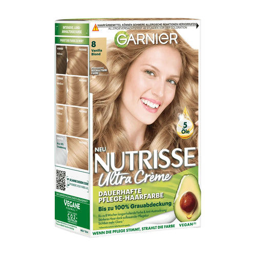 Garnier Nutrisse Ultra Creme 8 Vanilla Blonde permanent hair color kit packaging with a woman's face on it.