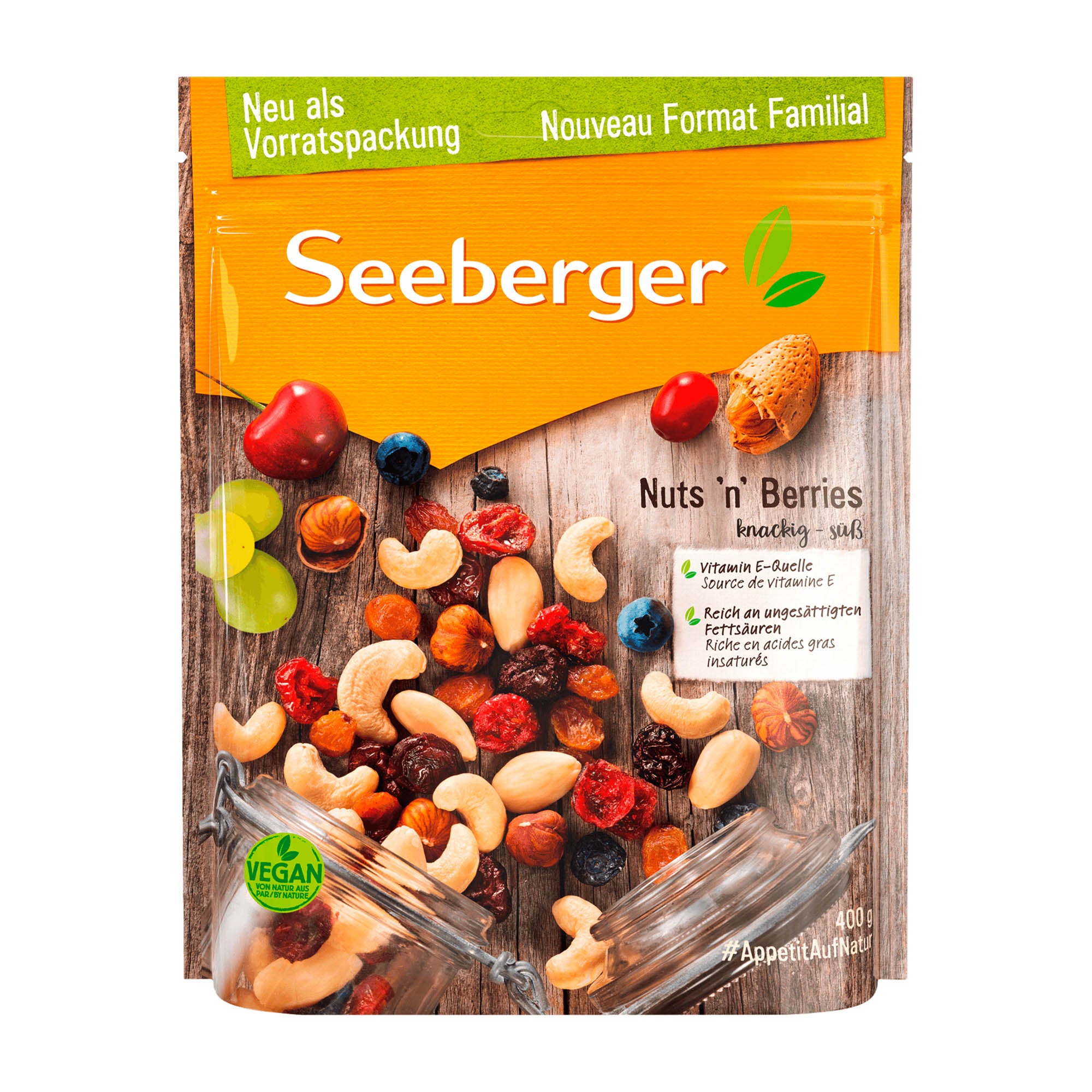 Packaging of Seeberger Nuts 'n' Berries snack mix, displaying a variety of dried fruits and nuts.