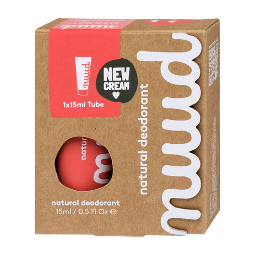 Nuud natural deodorant packaging with red cream tube and brown box on a white background