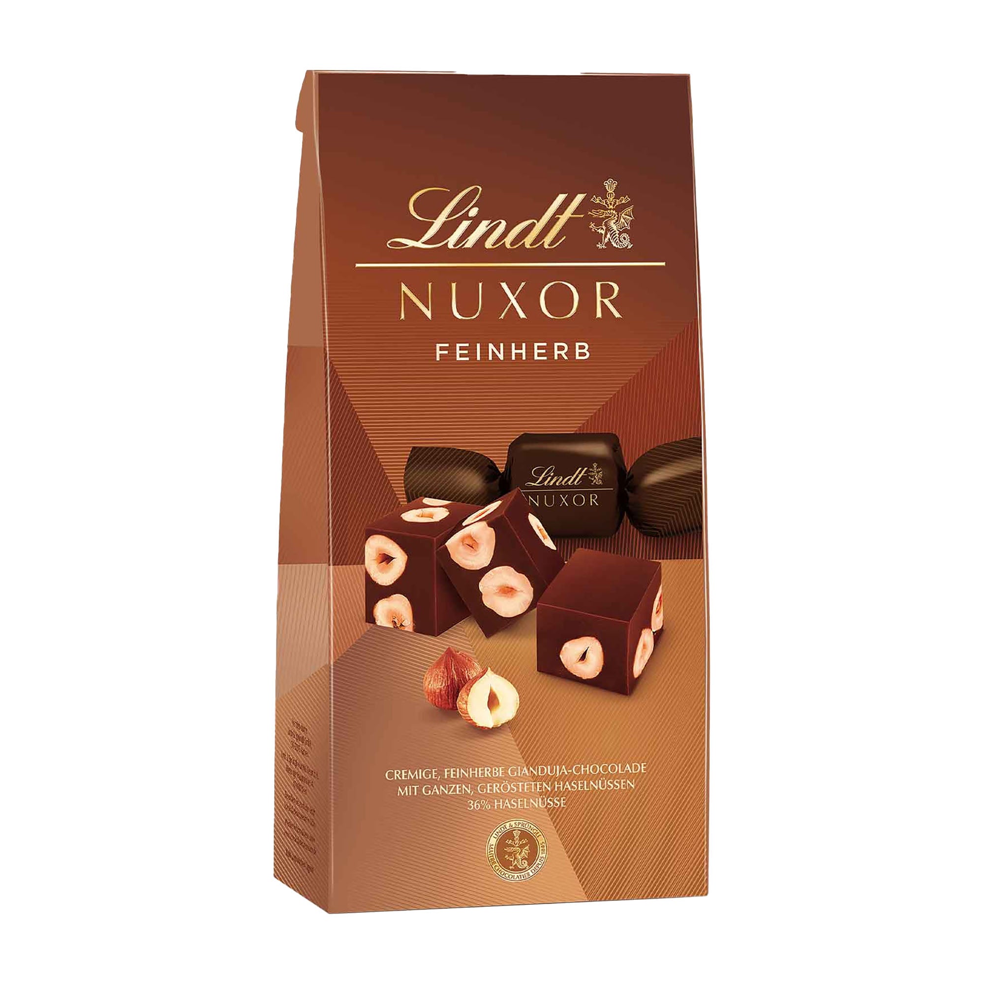 Packaging of Lindt Nuxor Feinherb, dark chocolate pralines with whole hazelnuts, in a brown and gold box.