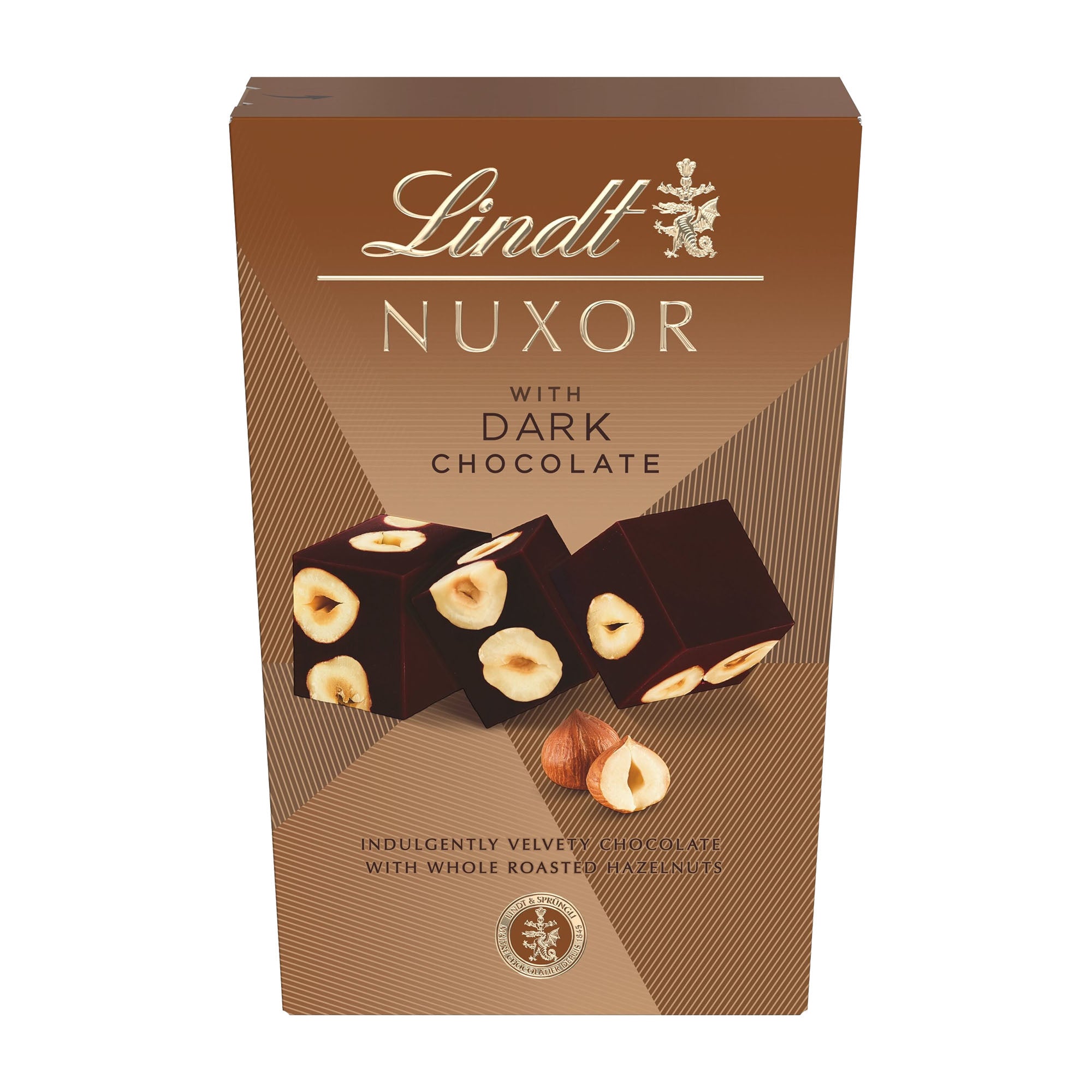 Packaging of Lindt Nuxor Dark Chocolate Pralines showing the product name and images of dark chocolate cubes with whole roasted hazelnuts.