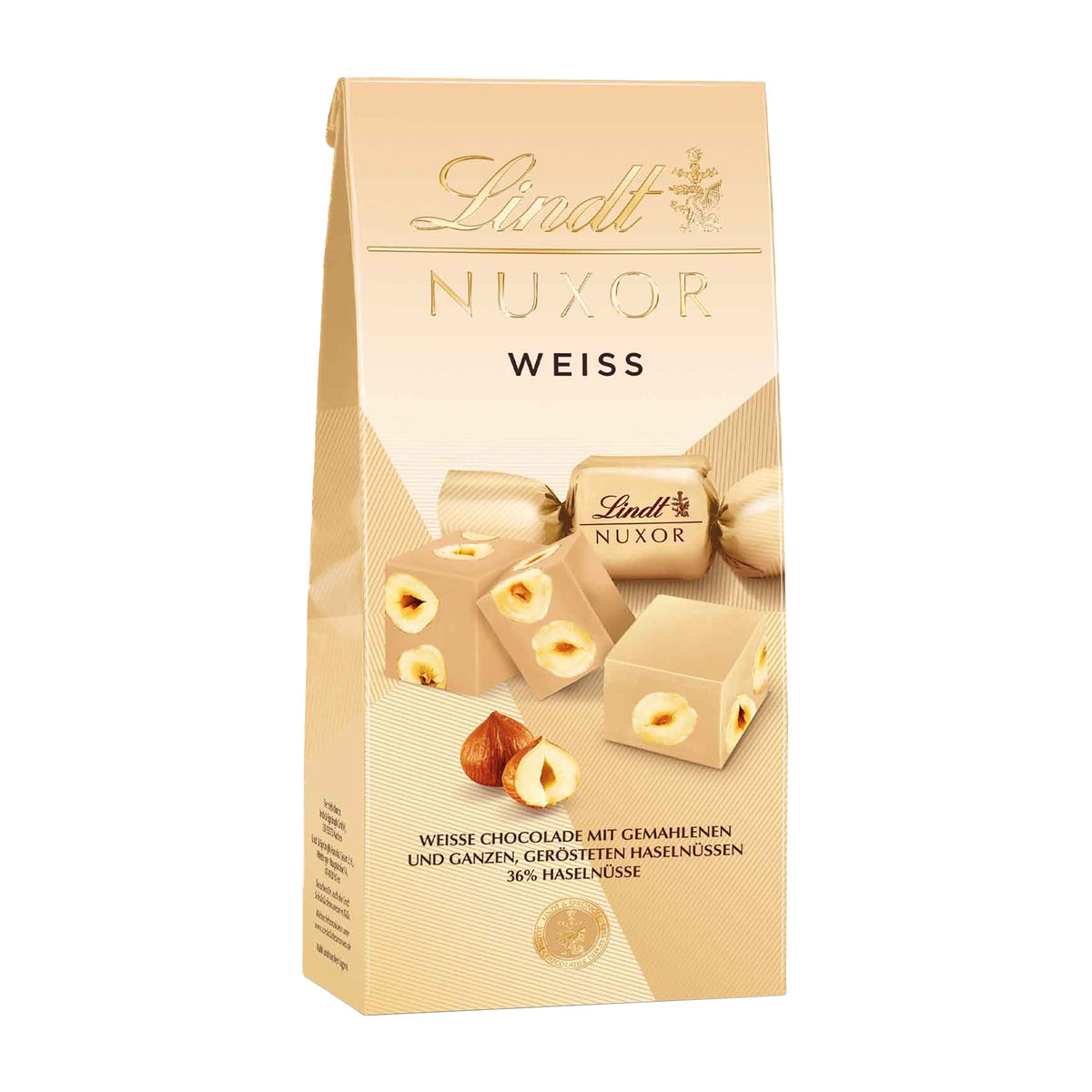 Packaging of Lindt Nuxor White chocolate pralines with visible pralines and hazelnuts on the front.