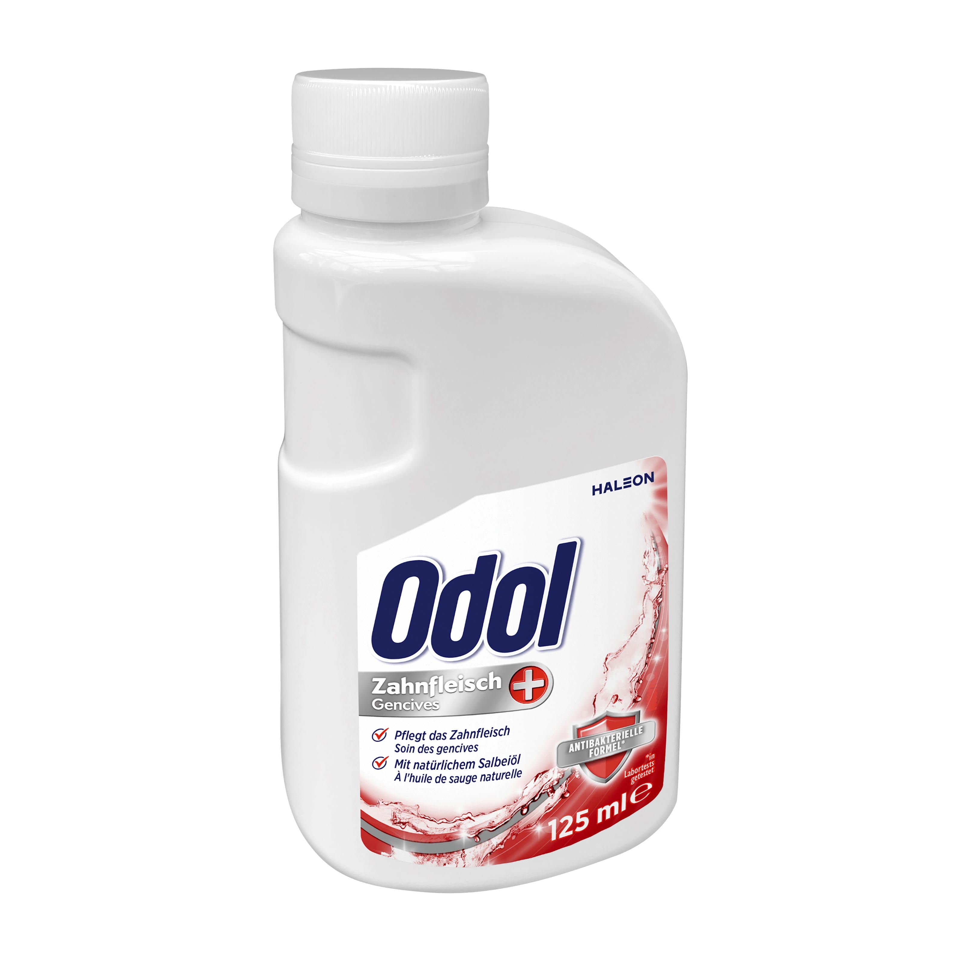 A 125 ml bottle of Odol Gum Care+ mouthwash, featuring a white plastic bottle with a white cap and a label that has blue and red graphics, set against a plain white background.
