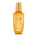 A bottle of L'Oreal Paris Elvital Oil Magic hair oil with a pump dispenser, designed for all hair types, 100 mL size.