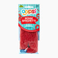 A package of Oopsi Sweet Spaghetti strawberry flavored candy laces, featuring red twisted spaghetti-shaped candies inside a clear plastic bag with a colorful blue, red, and white header card.