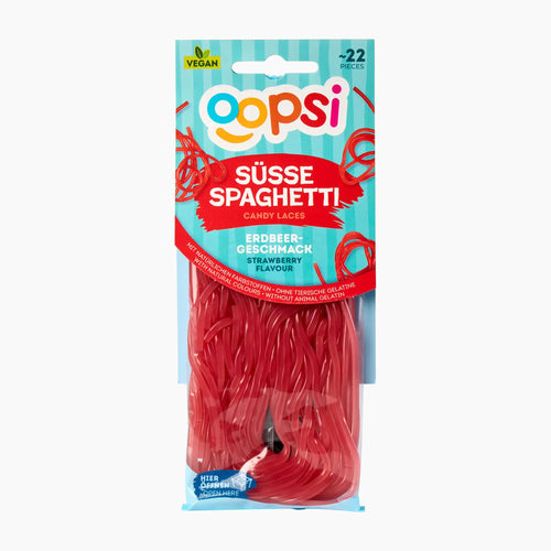 A package of Oopsi Sweet Spaghetti strawberry flavored candy laces, featuring red twisted spaghetti-shaped candies inside a clear plastic bag with a colorful blue, red, and white header card.