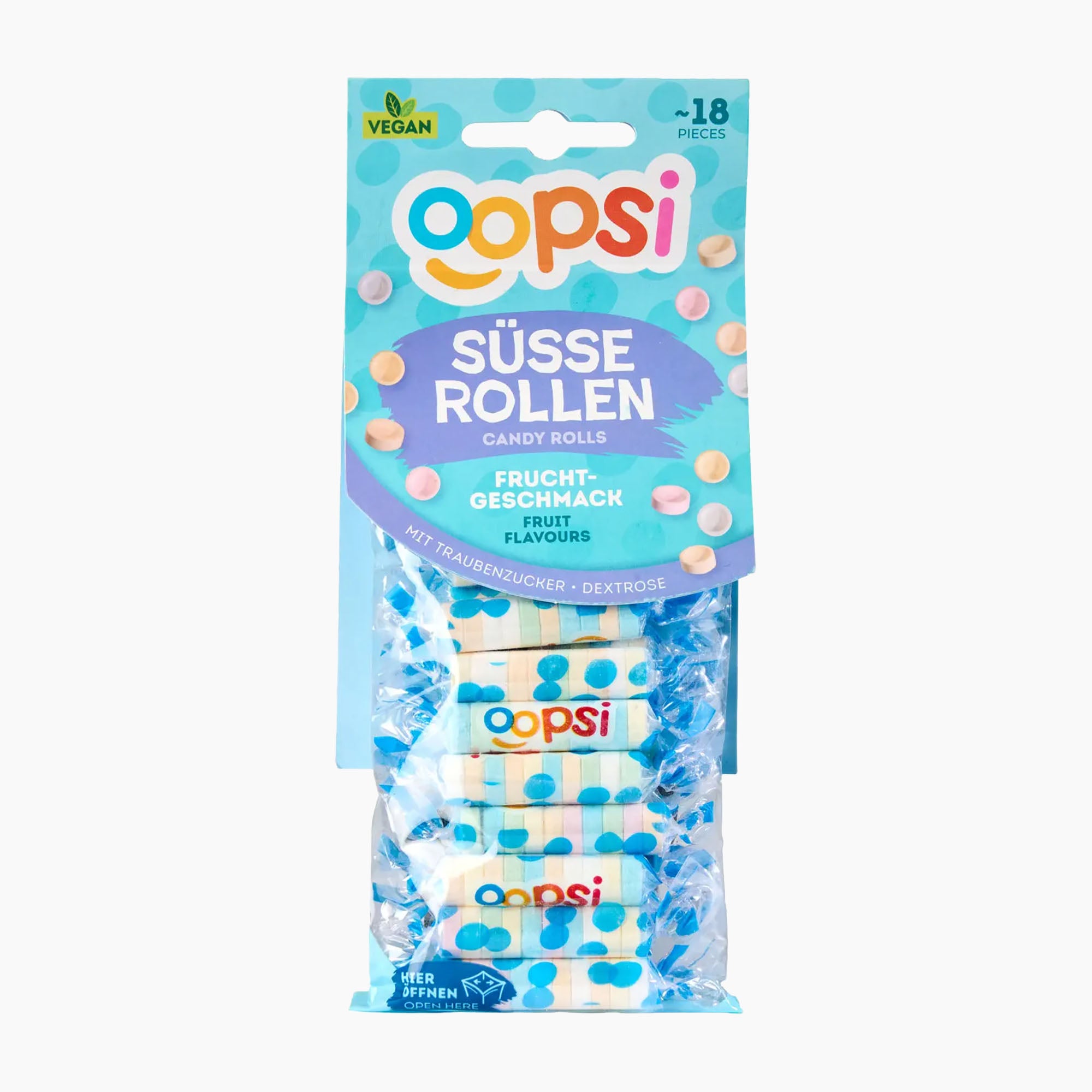 A package of Oopsi Sweet Rolls fruit-flavored vegan candy rolls, containing 18 pieces, shown in its blue and purple packaging against a plain white background.