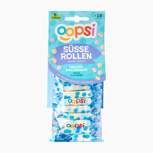 A package of Oopsi Sweet Rolls fruit-flavored vegan candy rolls, containing 18 pieces, shown in its blue and purple packaging against a plain white background.