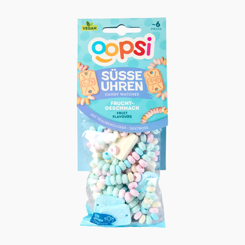 A package of Oopsi fruit-flavored candy watches in a clear plastic bag showing the pastel-colored candy pieces inside, set against a plain white background.