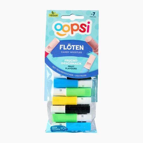 A package of Oopsi fruit-flavored candy whistles containing 7 pieces. The product is in its retail packaging, showing the colorful Oopsi logo and a clear plastic window displaying the various colored whistles inside.