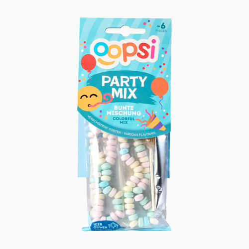A package of Oopsi Party Mix candy assortment, shown in its original blue and white hanging retail packaging against a light gray background.