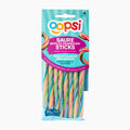 A package of Oopsi Fruit-Vanilla sour filled rainbow sticks gummy candy, featuring a bright teal and pink wrapper with a clear window showing the colorful rainbow-striped candy sticks inside.