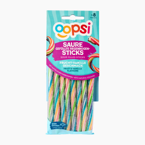 A package of Oopsi Fruit-Vanilla sour filled rainbow sticks gummy candy, featuring a bright teal and pink wrapper with a clear window showing the colorful rainbow-striped candy sticks inside.