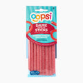 A package of Oopsi Strawberry and Vanilla Sour Filled Sticks, containing 9 pink sugar-coated sticks in a clear plastic bag with a colorful blue and red label.