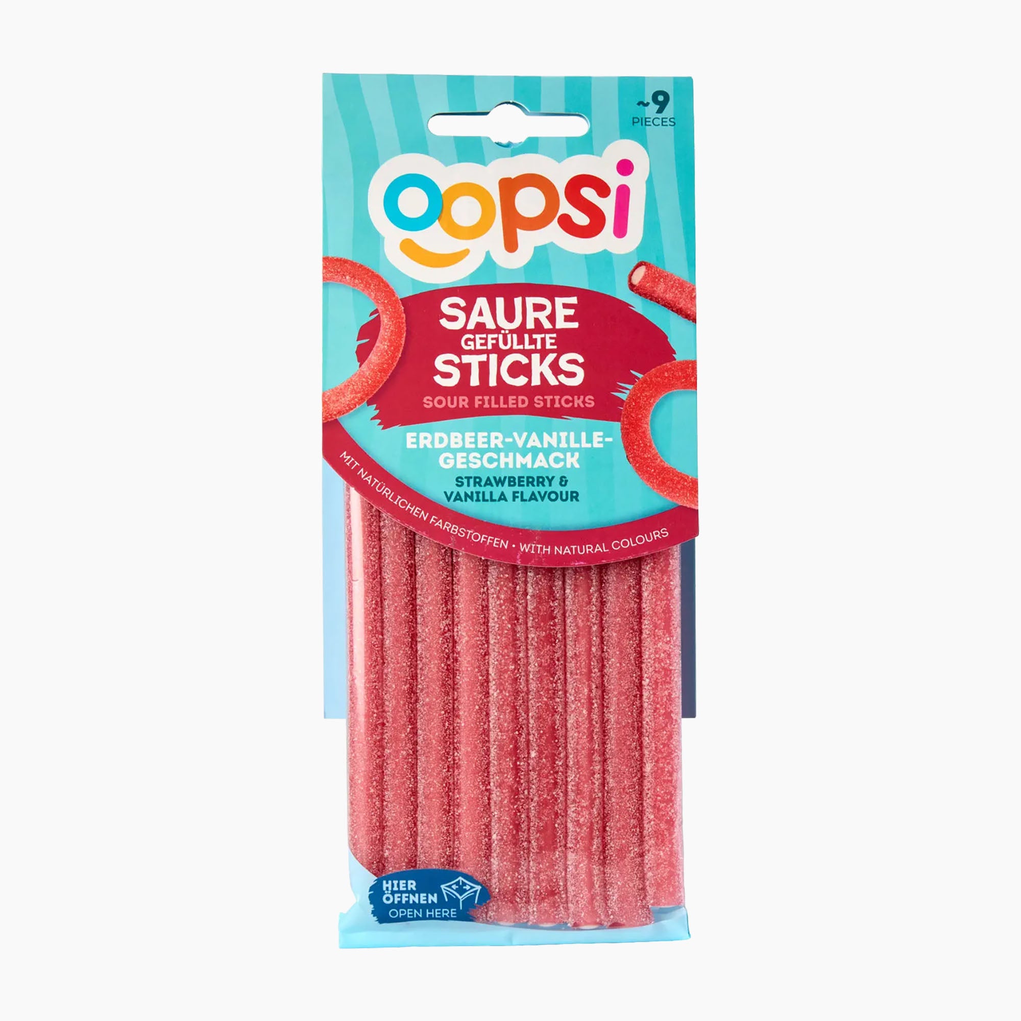 A package of Oopsi Strawberry and Vanilla Sour Filled Sticks, containing 9 pink sugar-coated sticks in a clear plastic bag with a colorful blue and red label.