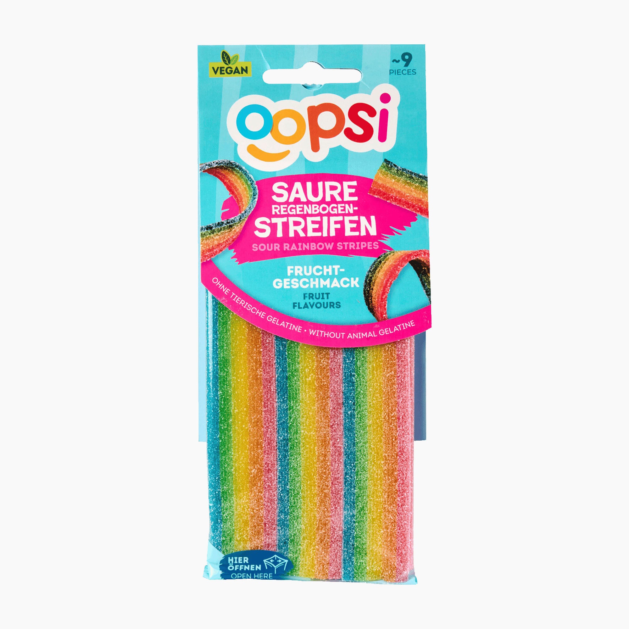 A package of Oopsi sour rainbow stripes fruit flavored gummy candy, containing 9 pieces, shown in its retail packaging against a plain white background.