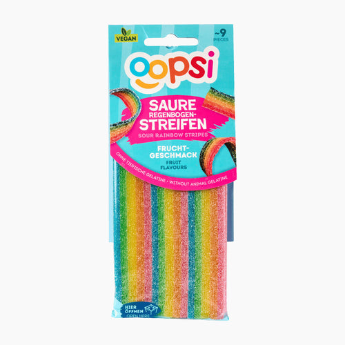 A package of Oopsi sour rainbow stripes fruit flavored gummy candy, containing 9 pieces, shown in its retail packaging against a plain white background.