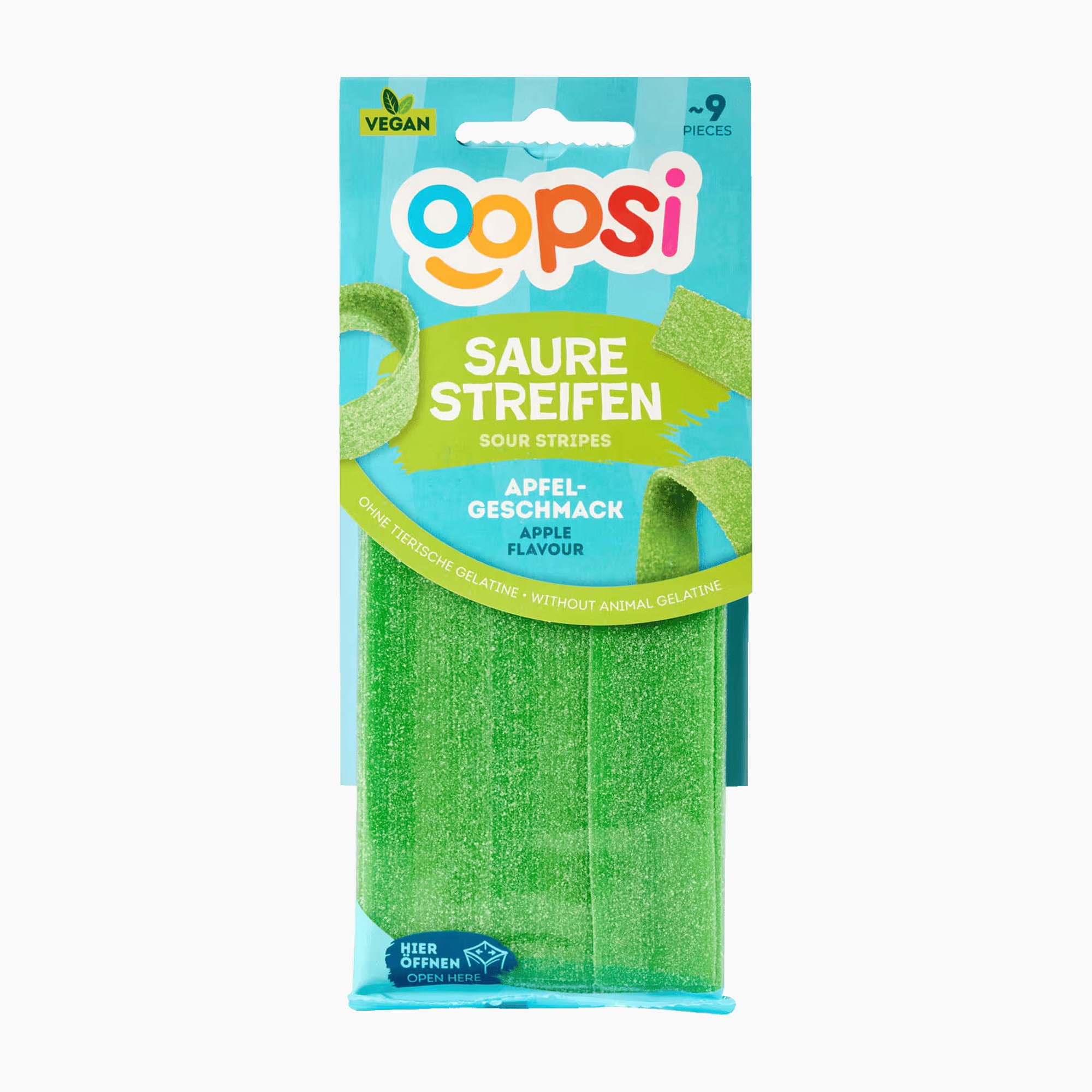 A package of Oopsi sour stripes gummy candy in apple flavor, showing the green textured strips through a clear window in the blue and green retail card.