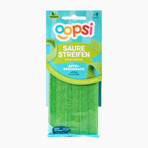 A package of Oopsi sour stripes gummy candy in apple flavor, showing the green textured strips through a clear window in the blue and green retail card.