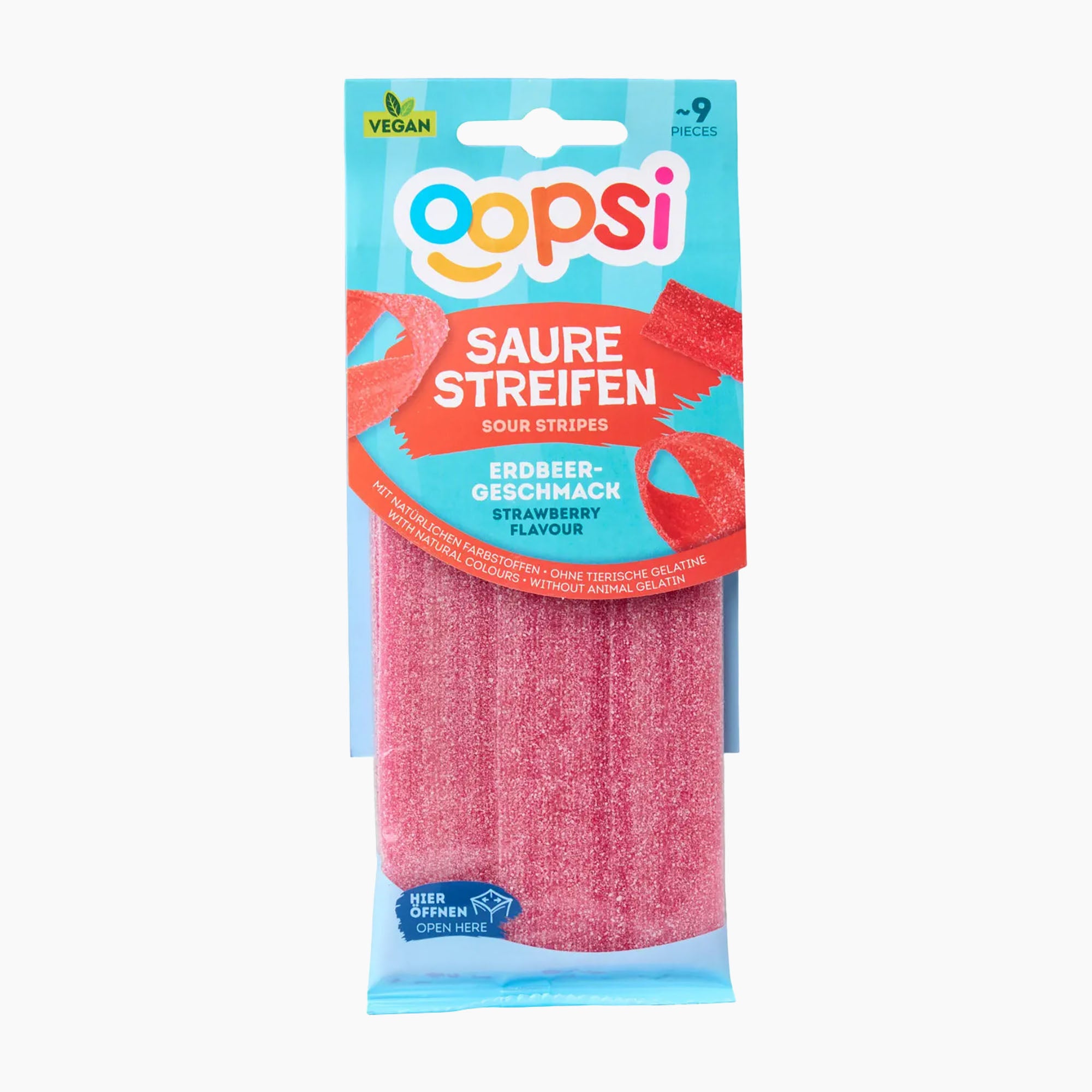 A package of Oopsi sour candy stripes in strawberry flavor, containing 9 pieces. The product is packaged in a clear plastic bag with a light blue header card featuring the Oopsi brand logo.