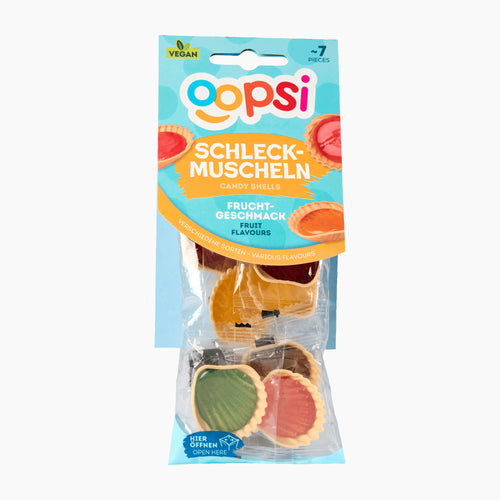 A package of Oopsi fruit-flavored candy shells, containing 7 pieces in a clear plastic bag with a blue and orange cardboard header card.