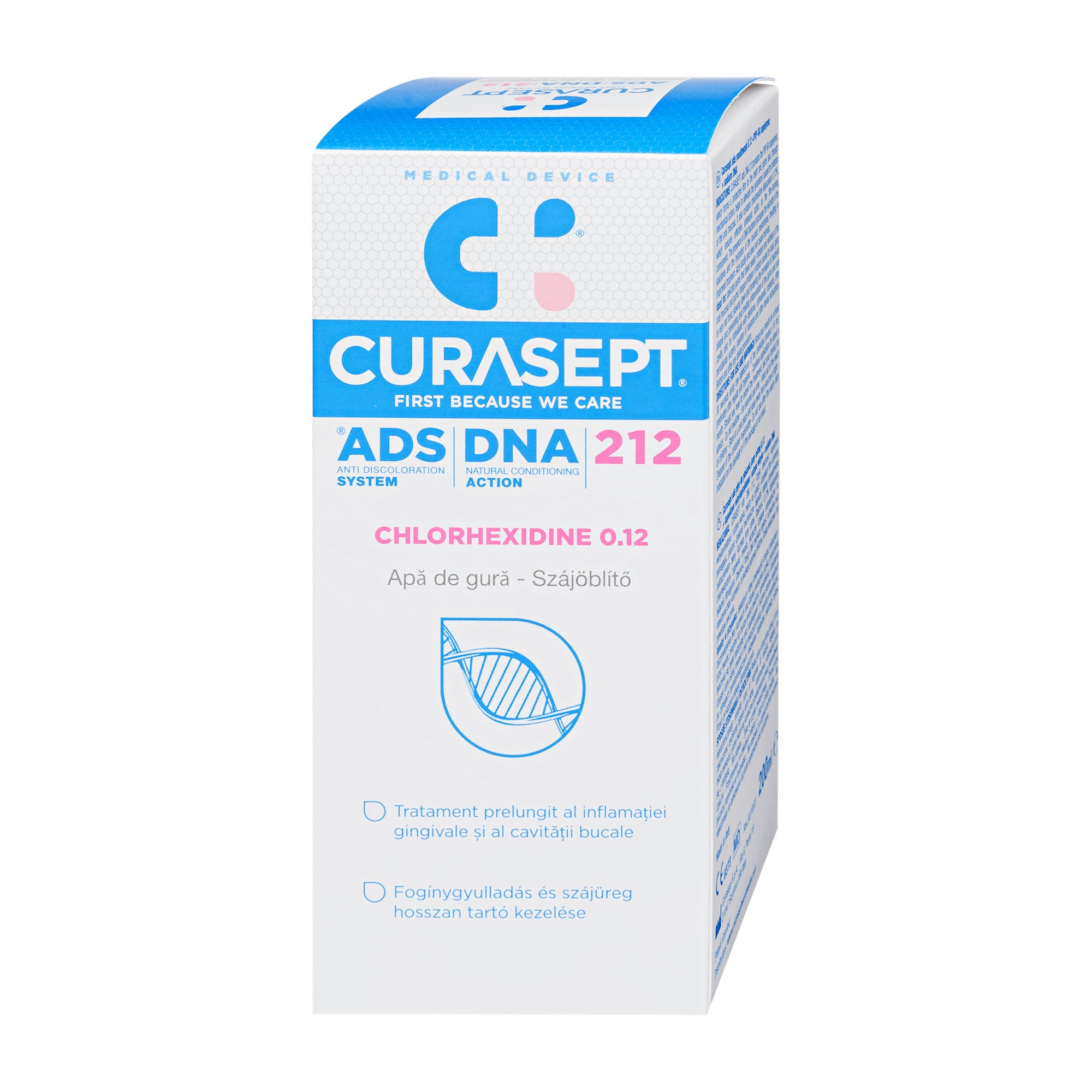 Curasept ADS 212 oral rinse product packaging on a white background