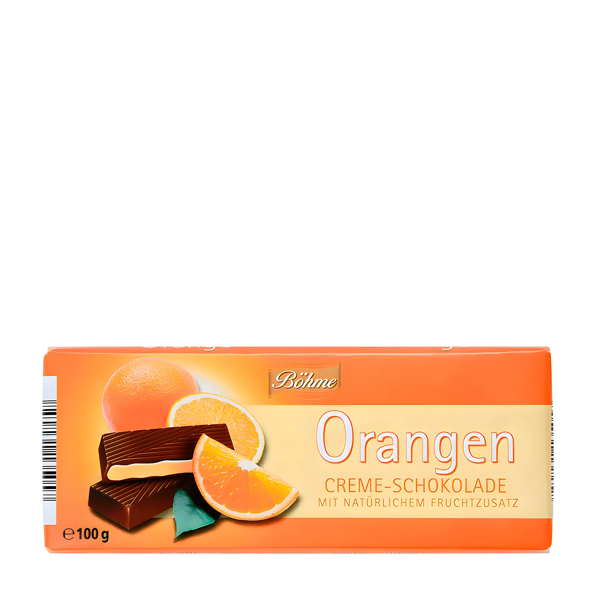 Packaging of Böhme Orange Cream dark chocolate bar, 100 g with image of the chocolate bar and orange cream, and text describing the product.