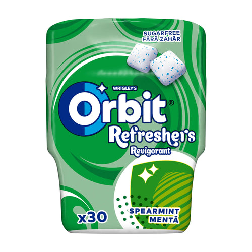Packaging of Orbit Refreshers Spearmint sugarfree chewing gum on a white background