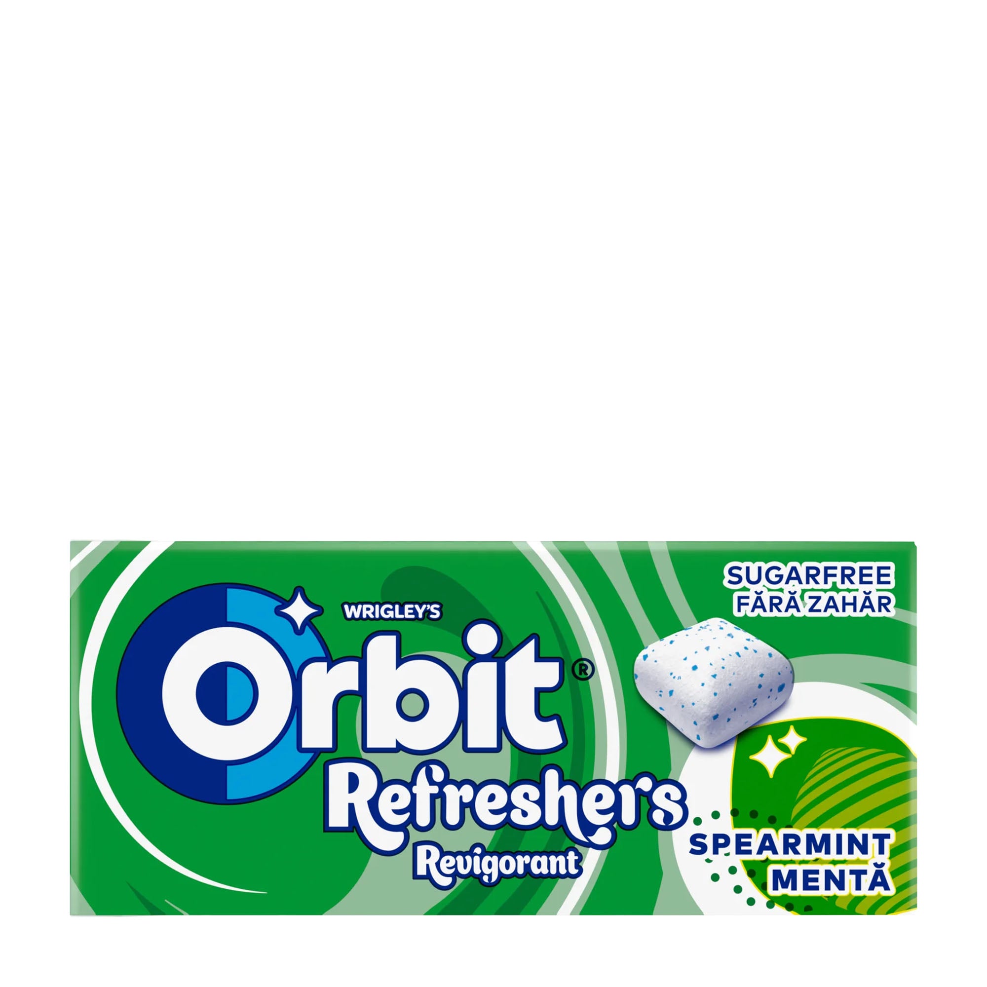 Box of Orbit Refreshers Spearmint sugarfree chewing gum on a white background