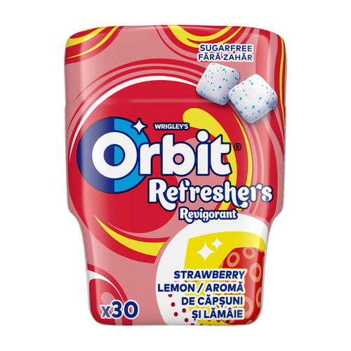 Wrigley's Orbit Refreshers strawberry lemon chewing gum packaging on a white background
