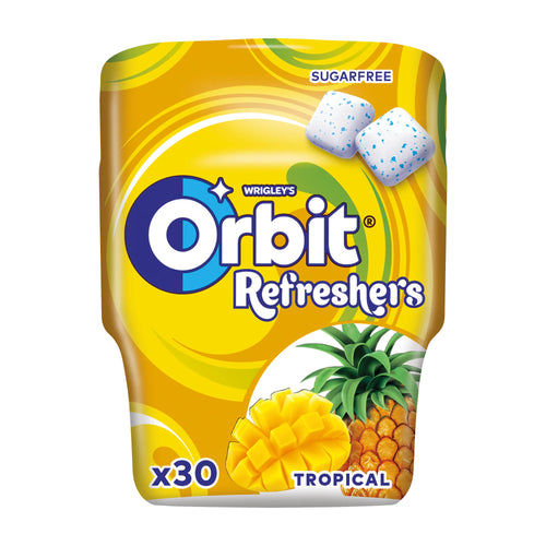 Orbit Refresher tropical flavor packaging with pineapple and mango graphics on a white background