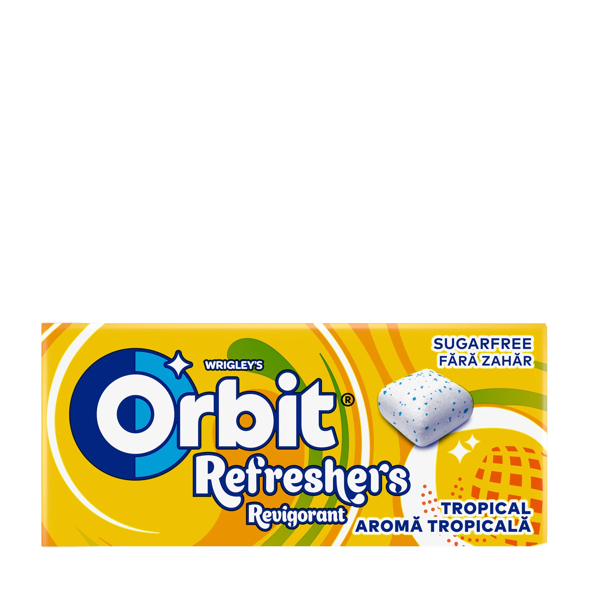 Box of Orbit Refresher's tropical flavor sugarfree gum on a white background
