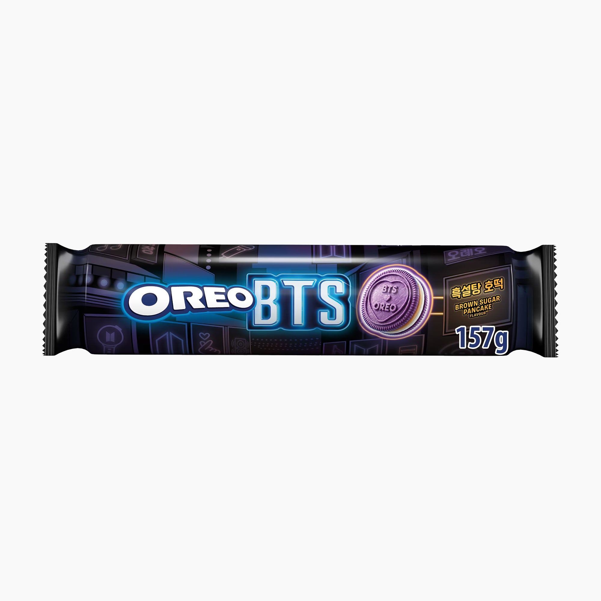 A packaged Oreo BTS sandwich cookies in a dark wrapper with blue and white branding, shown on a plain white background.