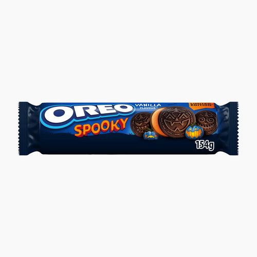 Oreo Spooky sandwich cookies packaging on a light gray background.