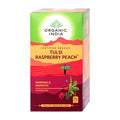 Box of Organic India Tulsi Raspberry Peach tea on a white background