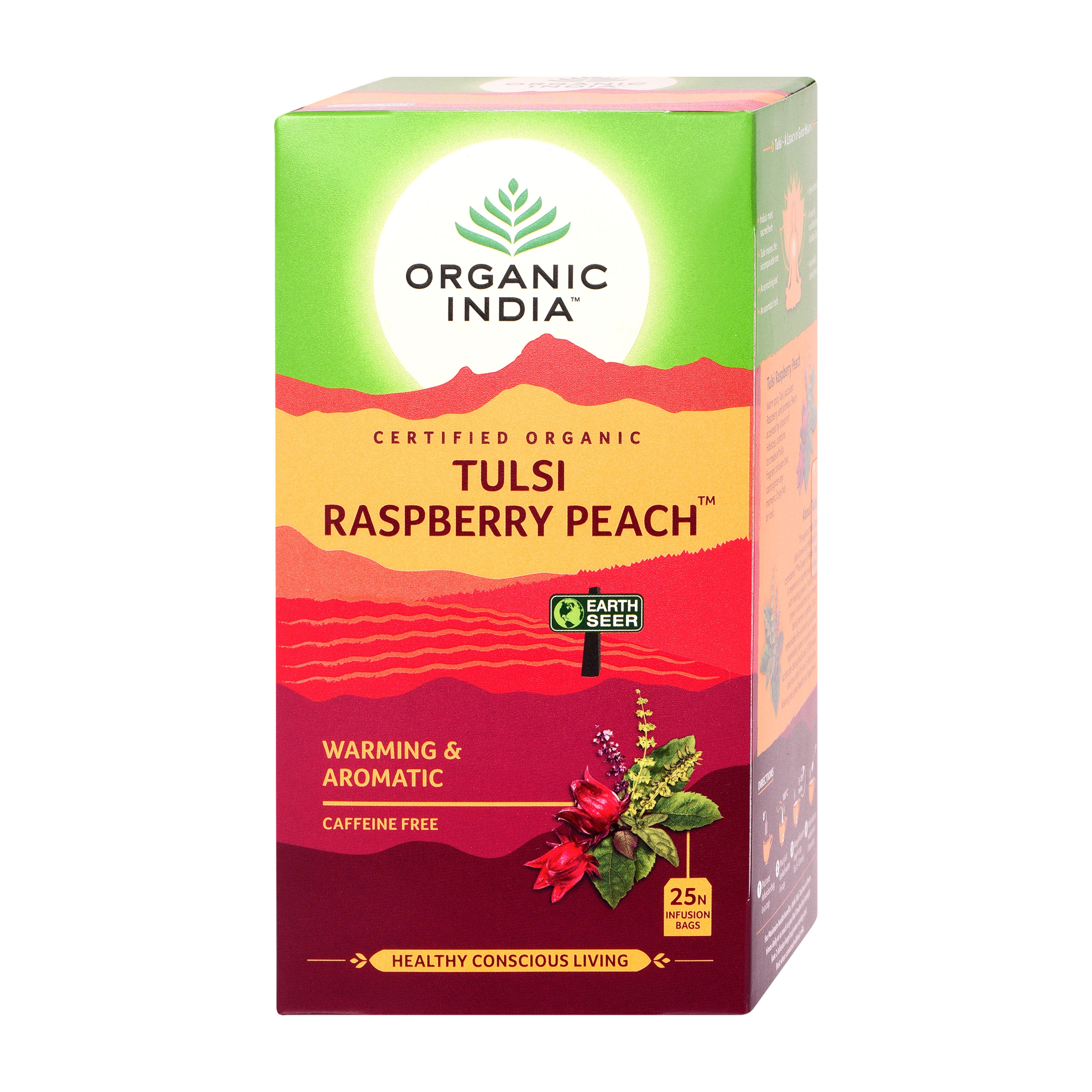 Box of Organic India Tulsi Raspberry Peach tea on a white background