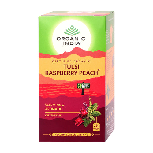 Box of Organic India Tulsi Raspberry Peach tea on a white background