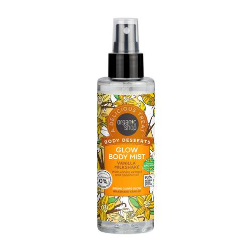 Pump bottle of Organic Shop Vanilla Milkshake Glow Body Mist on a white background
